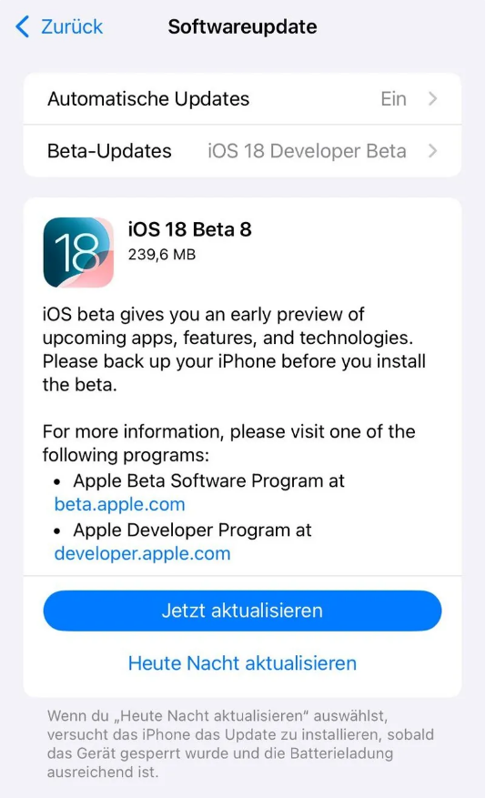 新县苹果手机维修分享苹果 iOS / iPadOS 18 开发者预览版 Beta 8 发布 